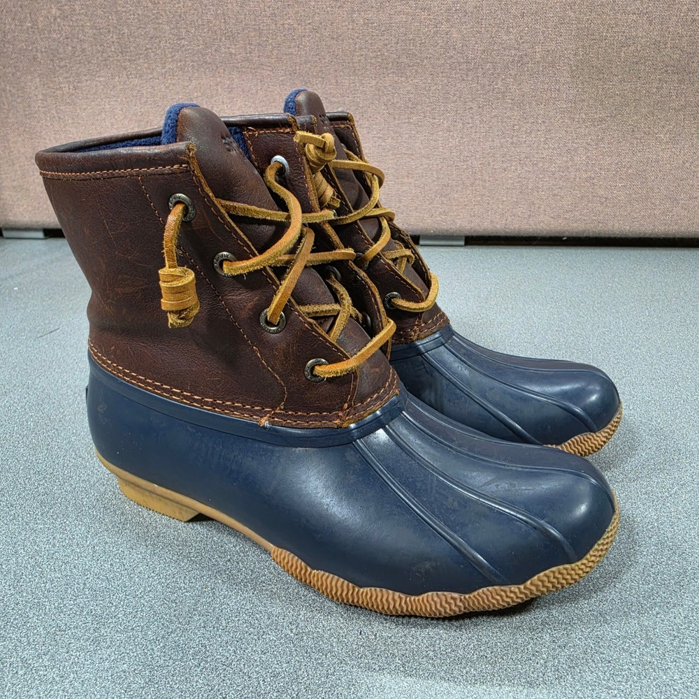 Sperry Saltwater Duck Boots Womens 6 Navy Brown Excellent STS91175 Leather Zip